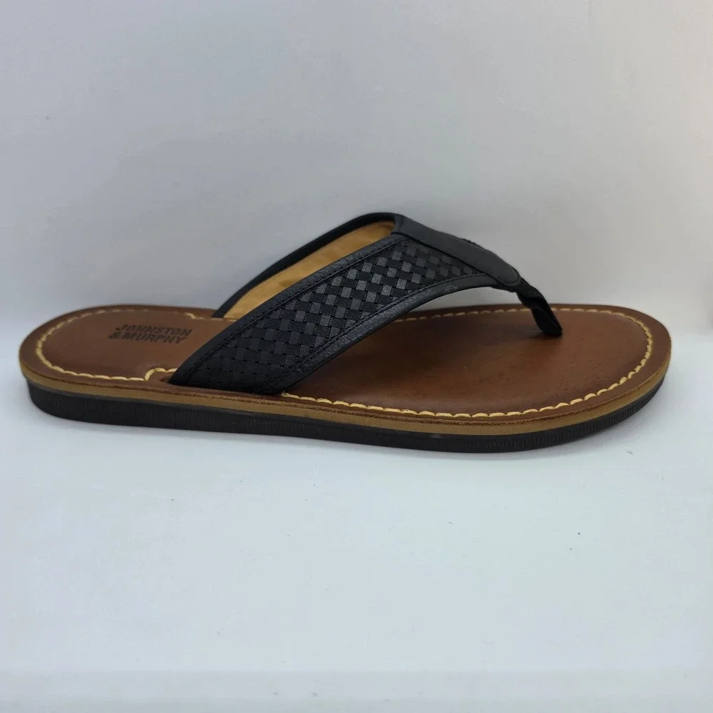 Johnston & Murphy Mens 9M Woven Leather Flip Flop Sandals Black Brown 25-3665